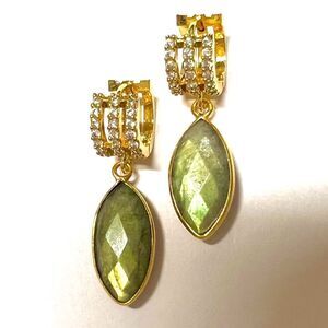 Labradorite genuine gemstones hung on gold huggie hoops